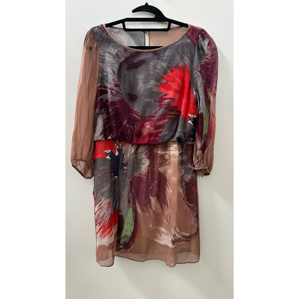 Tibi New York Silk Dress Size 8 Abstract Art Sheer Sleeve Lined Boho Blouson - Picture 2 of 16